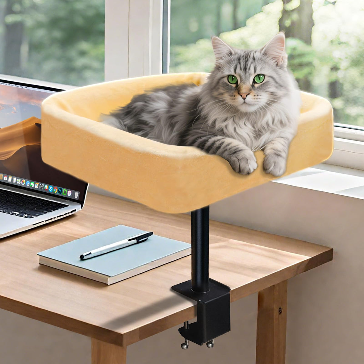 Wavetoka Cat Desk Bed front view shows sturdy frame and cozy perch