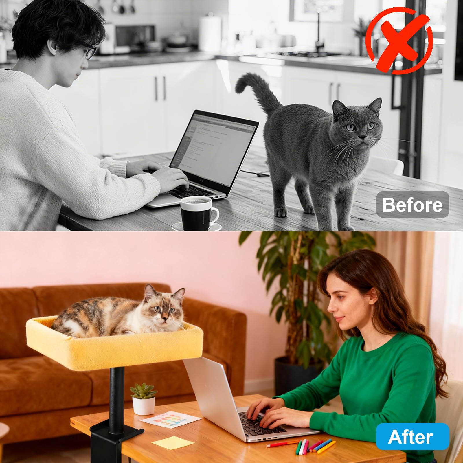 Wavetoka Cat Desk Bed side angle demonstrates dual-sided comfort for year-round cats