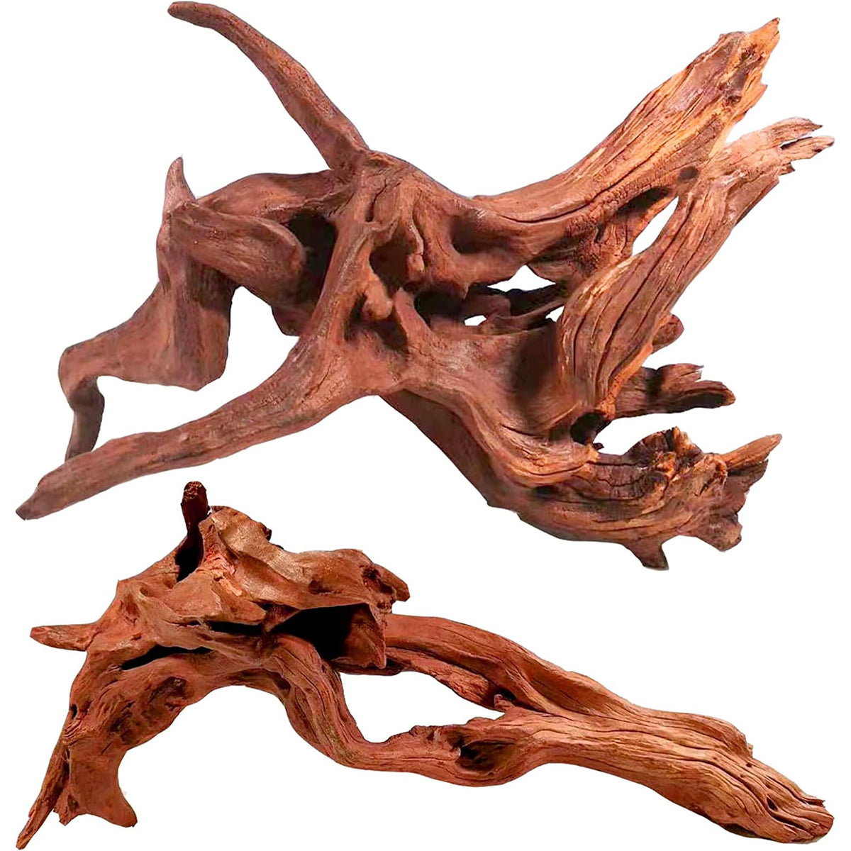 WDEFUN driftwood 2-piece set showing natural size for aquarium decor and terrarium accents.