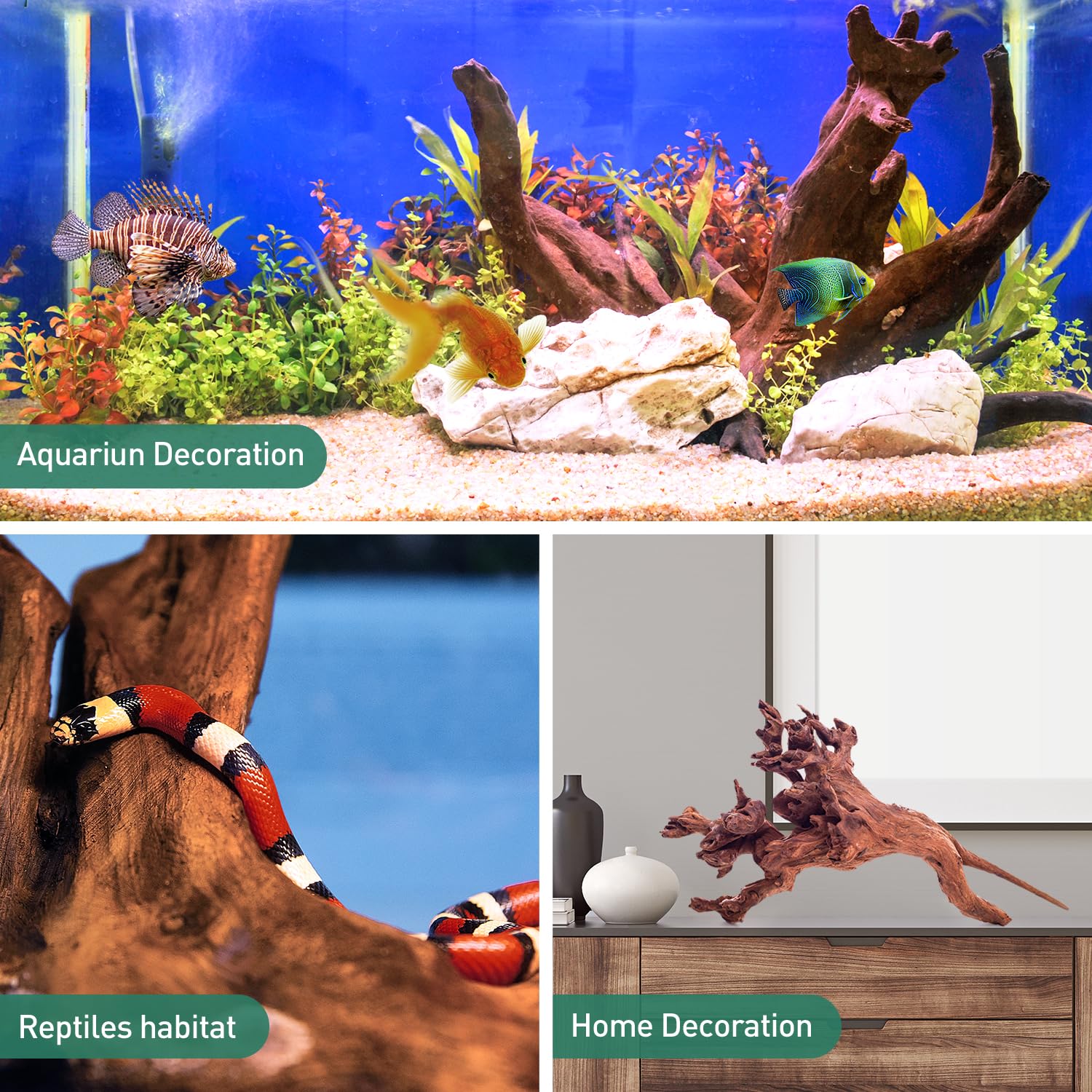WDEFUN driftwood used in reptile tank for climbing and perching.