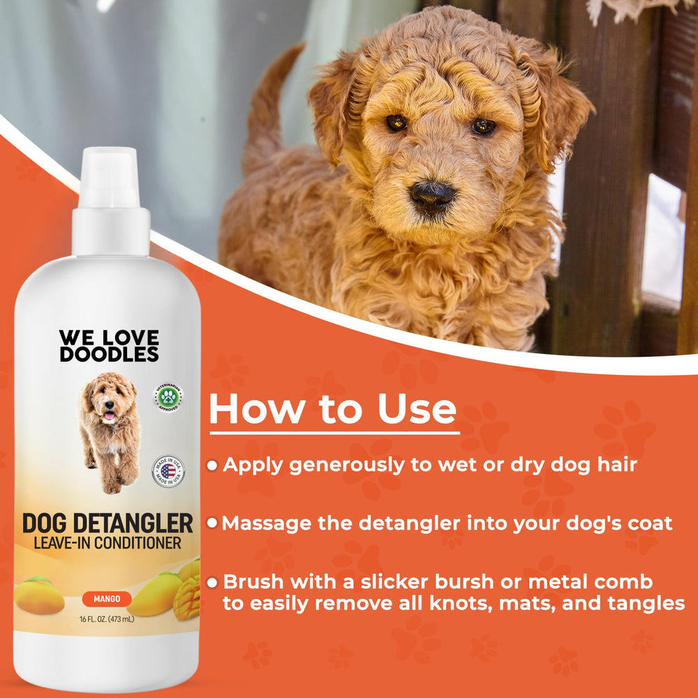 We Love Doodles lavender-scented detangler spray on dog fur.