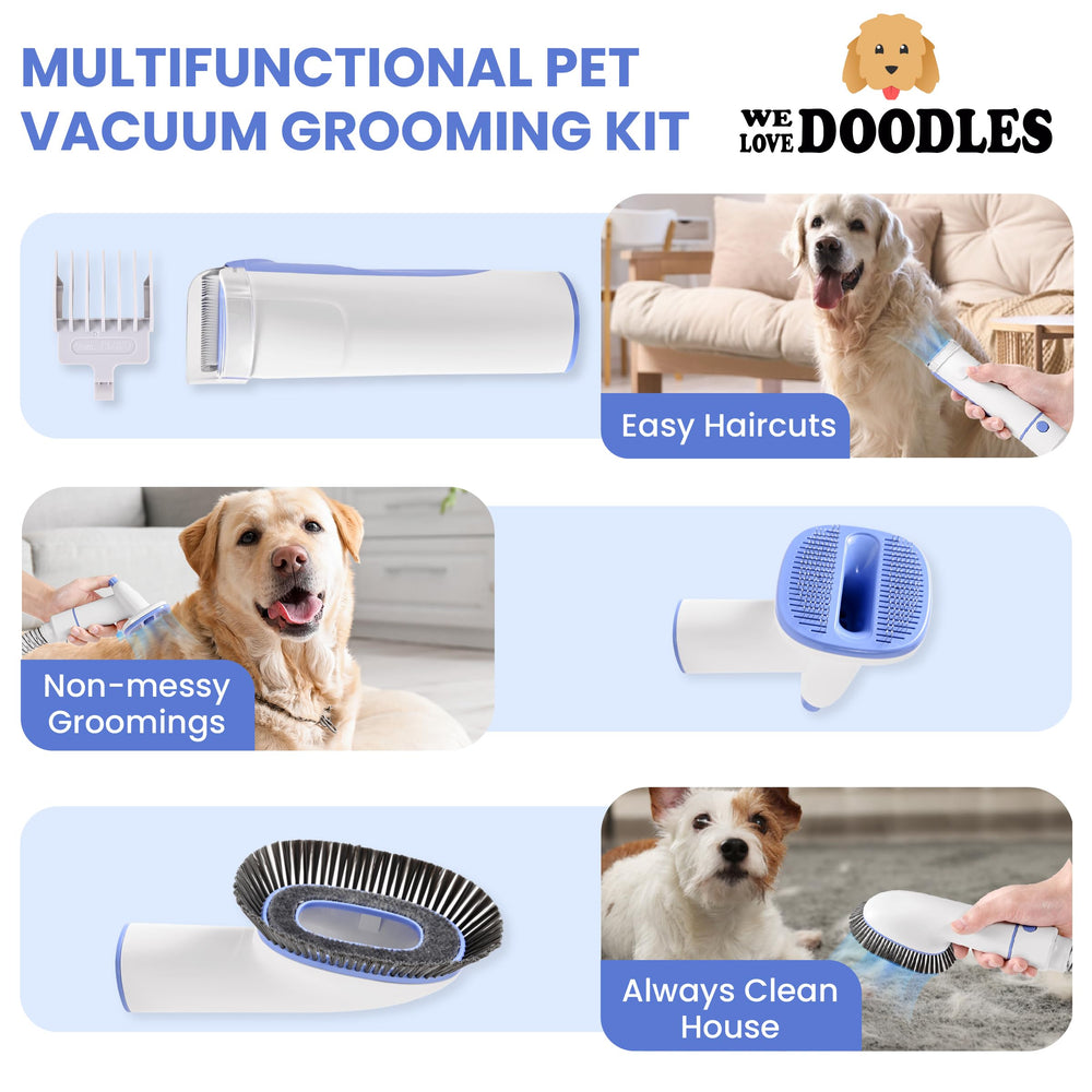 We Love Doodles dog brush and shedding tool captures loose fur during grooming.