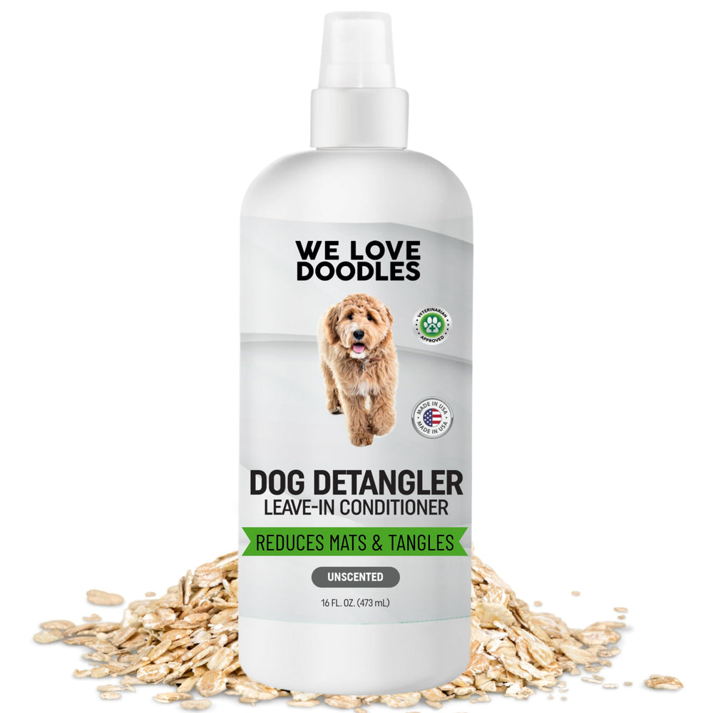 We Love Doodles dog detangler spray bottle eases knot elimination for a smoother coat