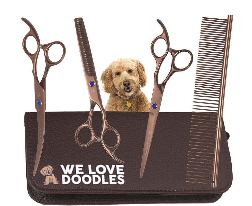 We Love Doodles straight grooming scissor for precise trimming on doodle coats.