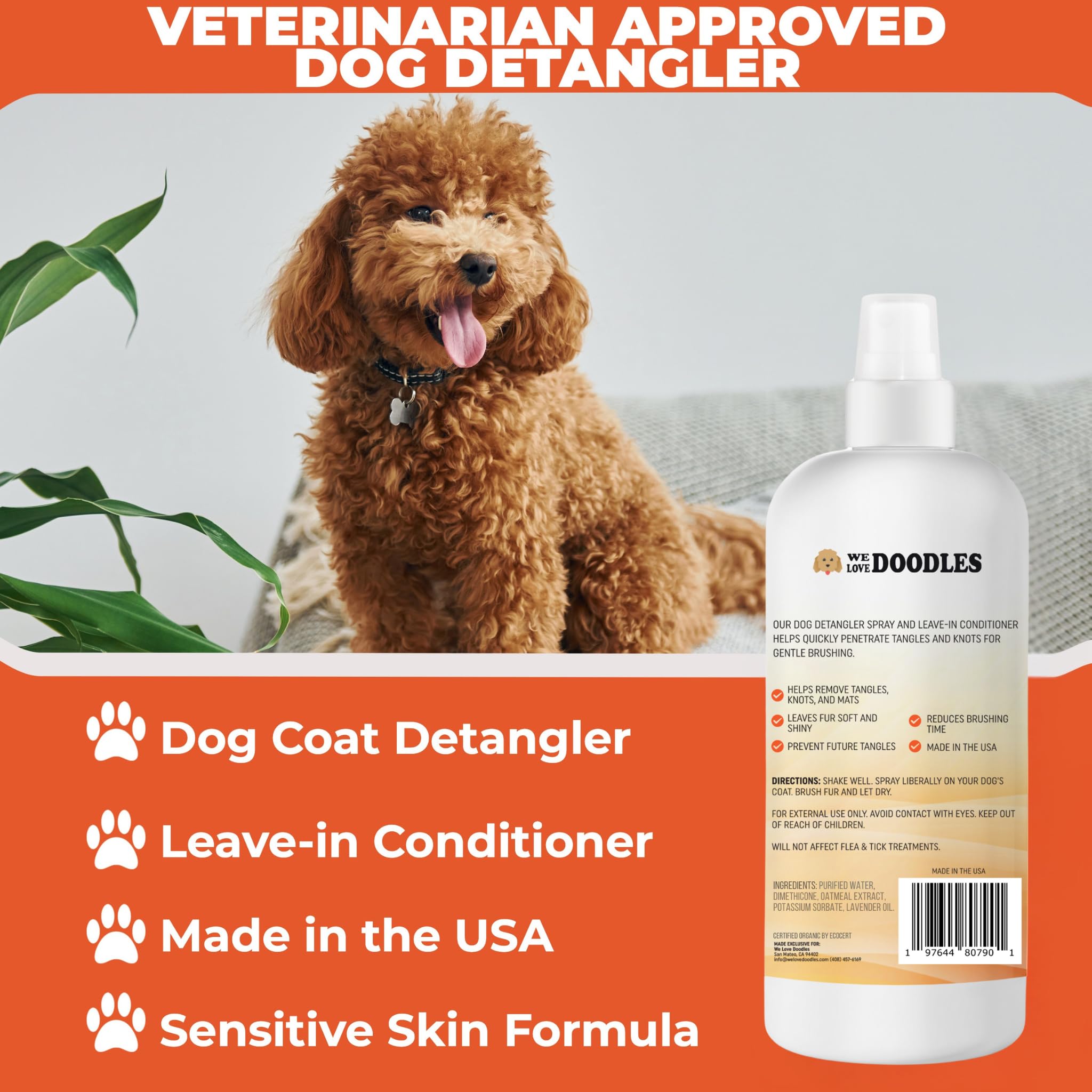 We Love Doodles detangler spray being brushed through a smooth coat.