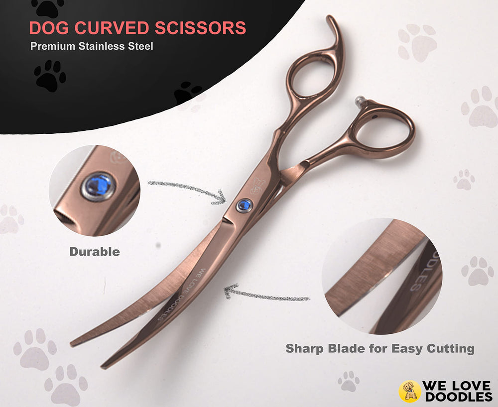 We Love Doodles grooming kit closeup highlights sharp blades and premium steel.