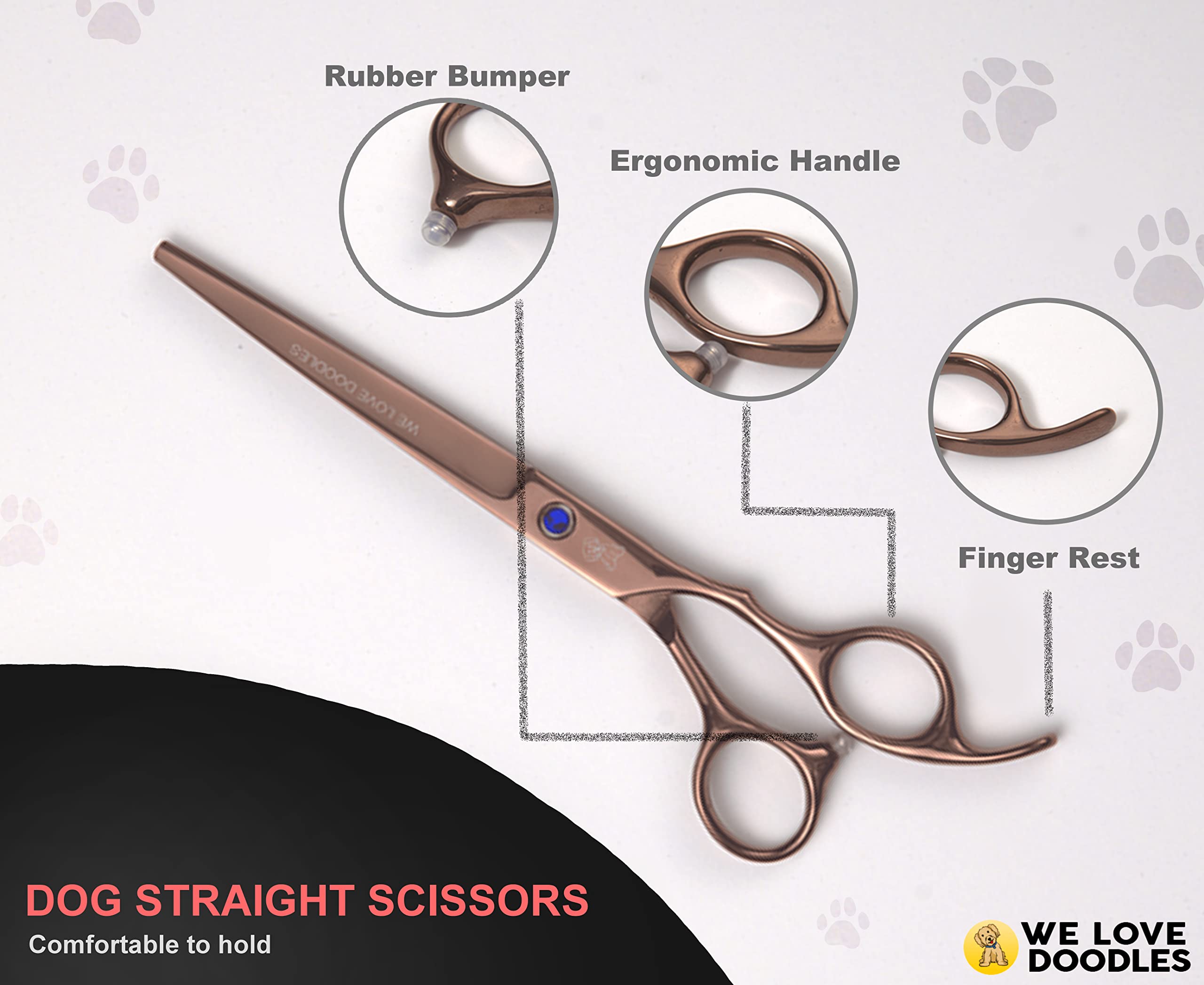 We Love Doodles ergonomic-handle design aids comfortable extended grooming sessions.