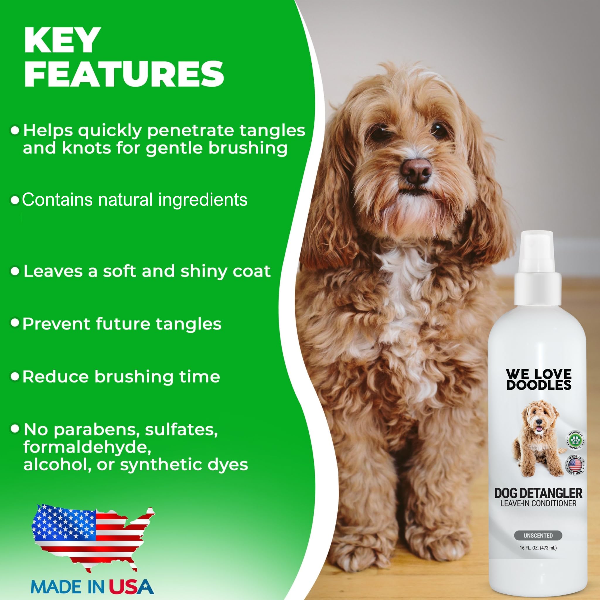 We Love Doodles leave-in conditioner application supports easy brushing and regular use