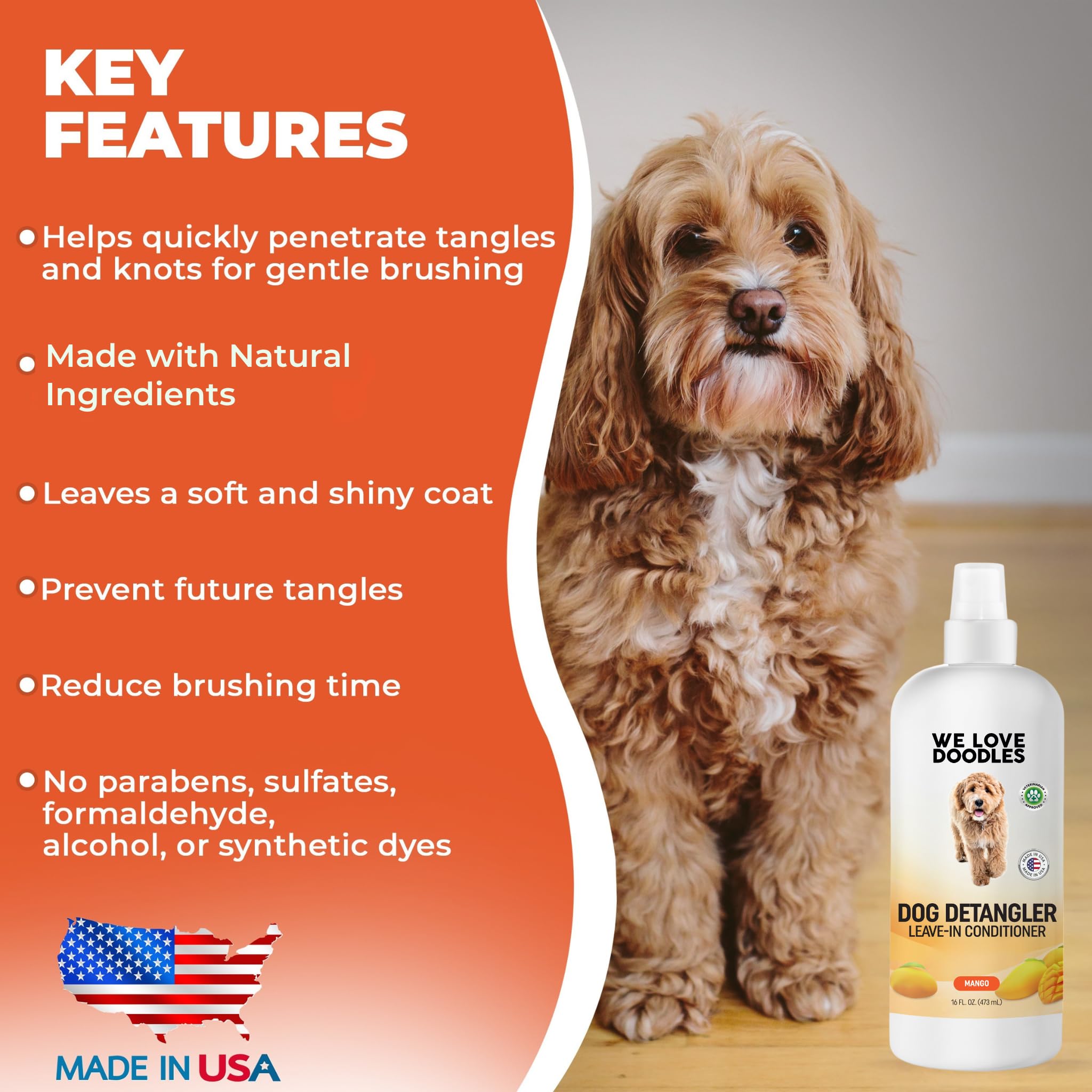 We Love Doodles leave-in conditioner spray on dog coat for smooth brushing.