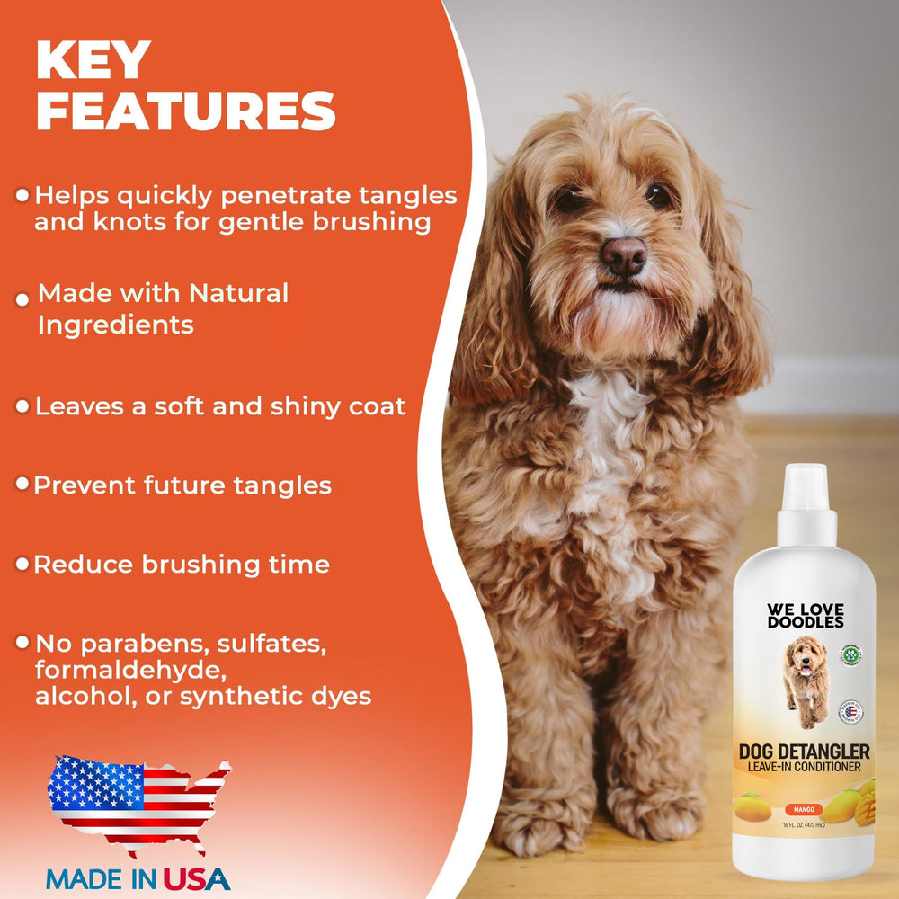 We Love Doodles leave-in conditioner spray on dog coat for smooth brushing.