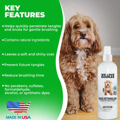 We Love Doodles leave-in conditioner application supports easy brushing and regular use