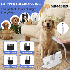 We Love Doodles quiet dog grooming vacuum minimizes noise for stress-free sessions.