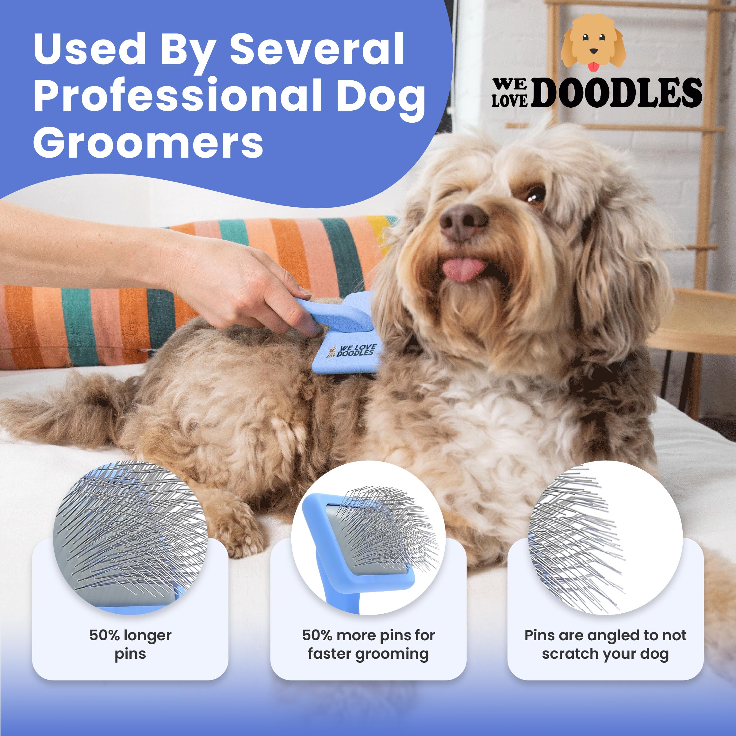 We Love Doodles slicker brush 45-degree pins demonstrated to protect skin while dematting