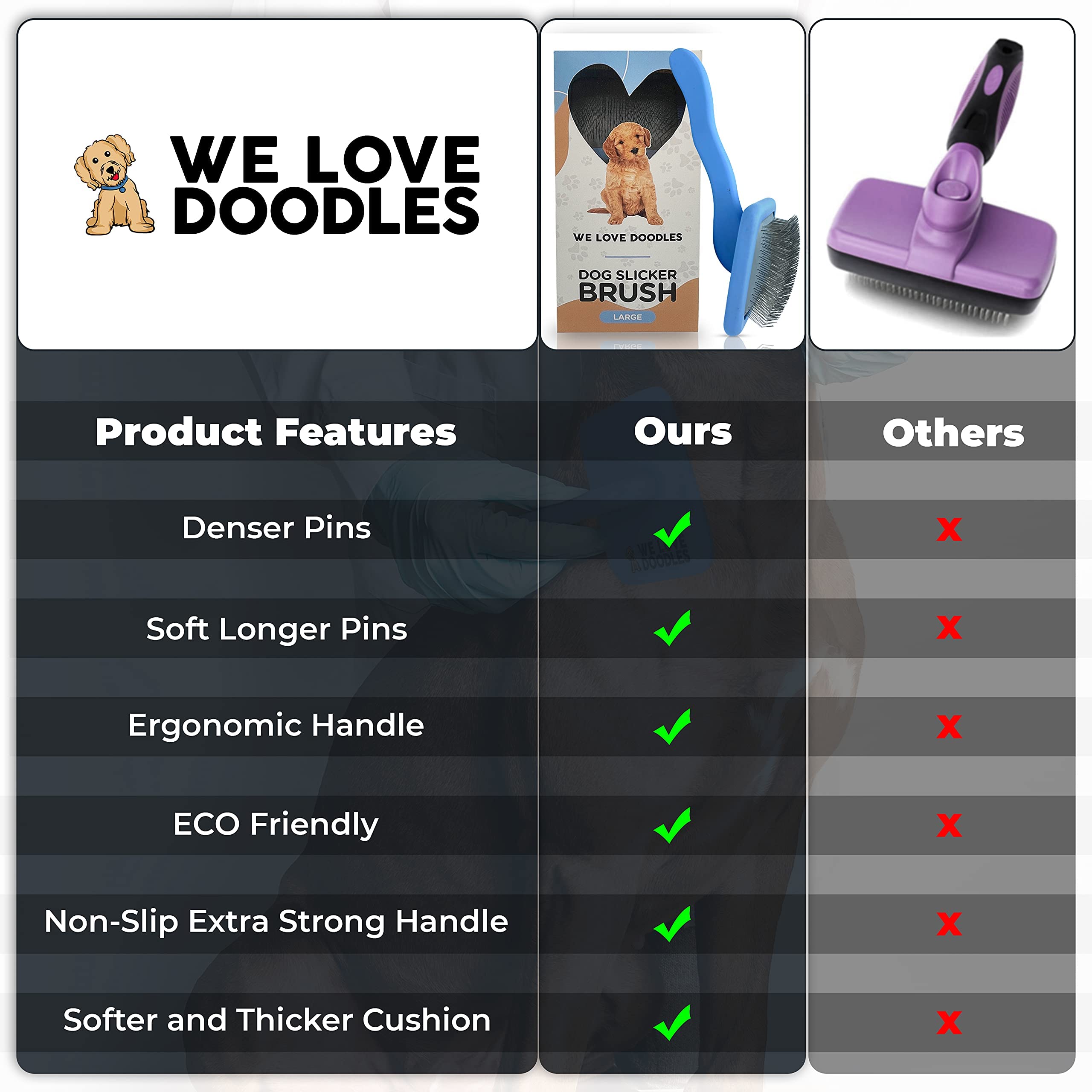 We Love Doodles Slicker Brush easy to clean after grooming sessions.