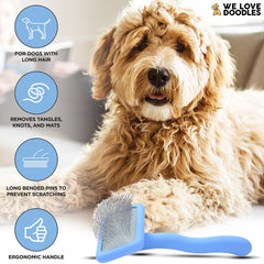 We Love Doodles slicker brush ergonomic handle shown for comfortable grooming during long sessions