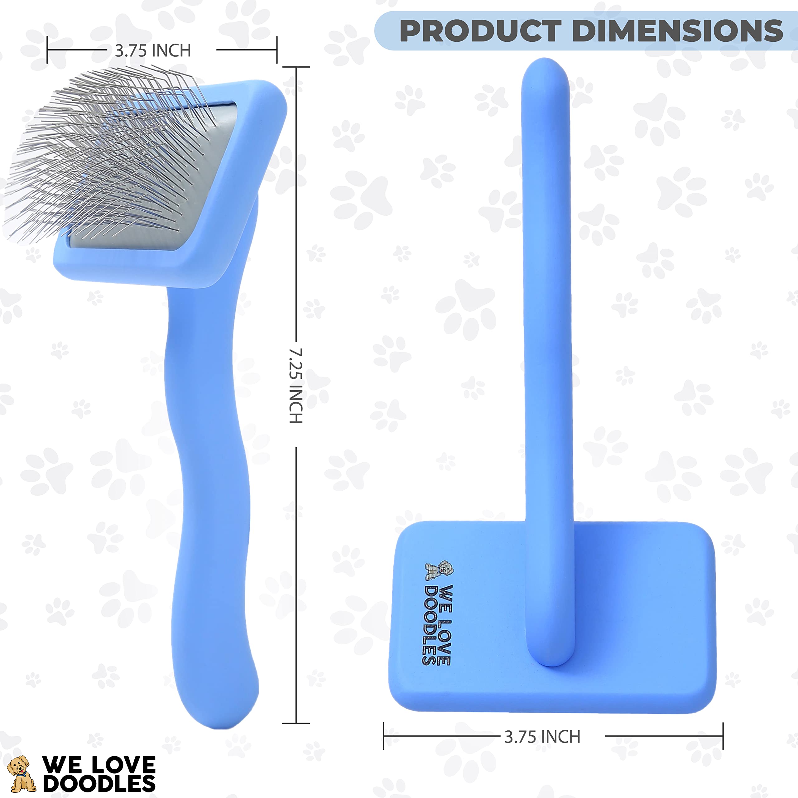 We Love Doodles slicker brush in action during a grooming session with a Goldendoodle