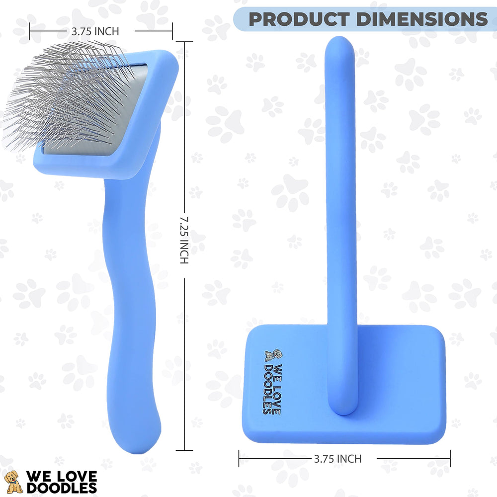 We Love Doodles slicker brush in action during a grooming session with a Goldendoodle