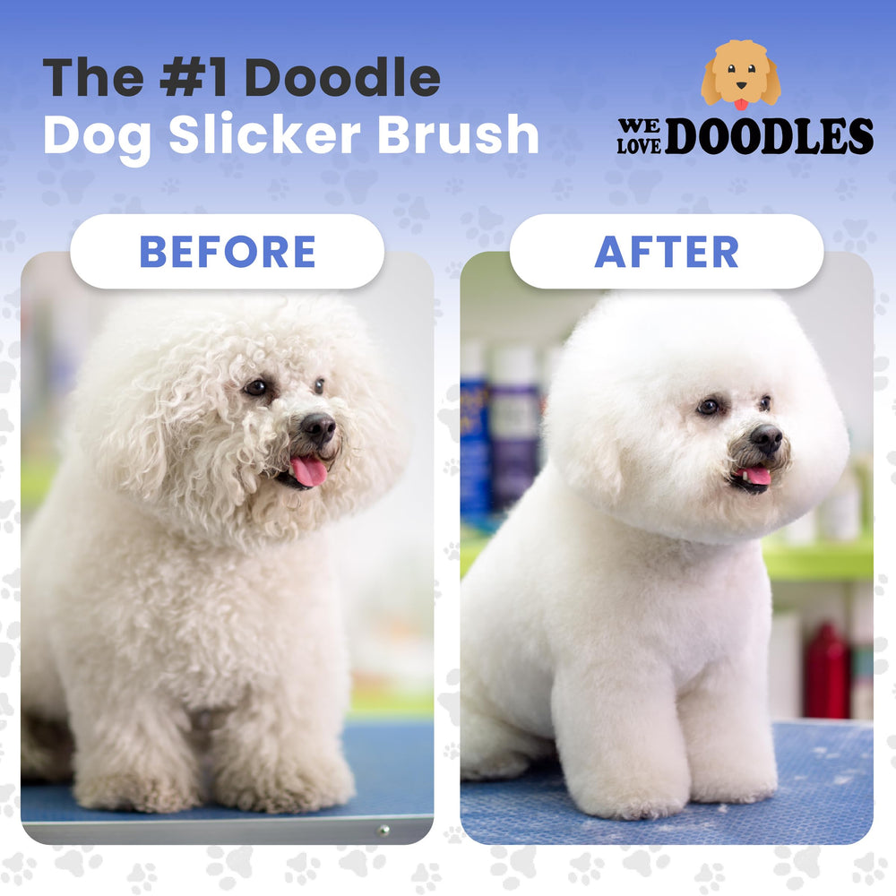 We Love Doodles Slicker Brush in use on a large dog for efficient grooming.