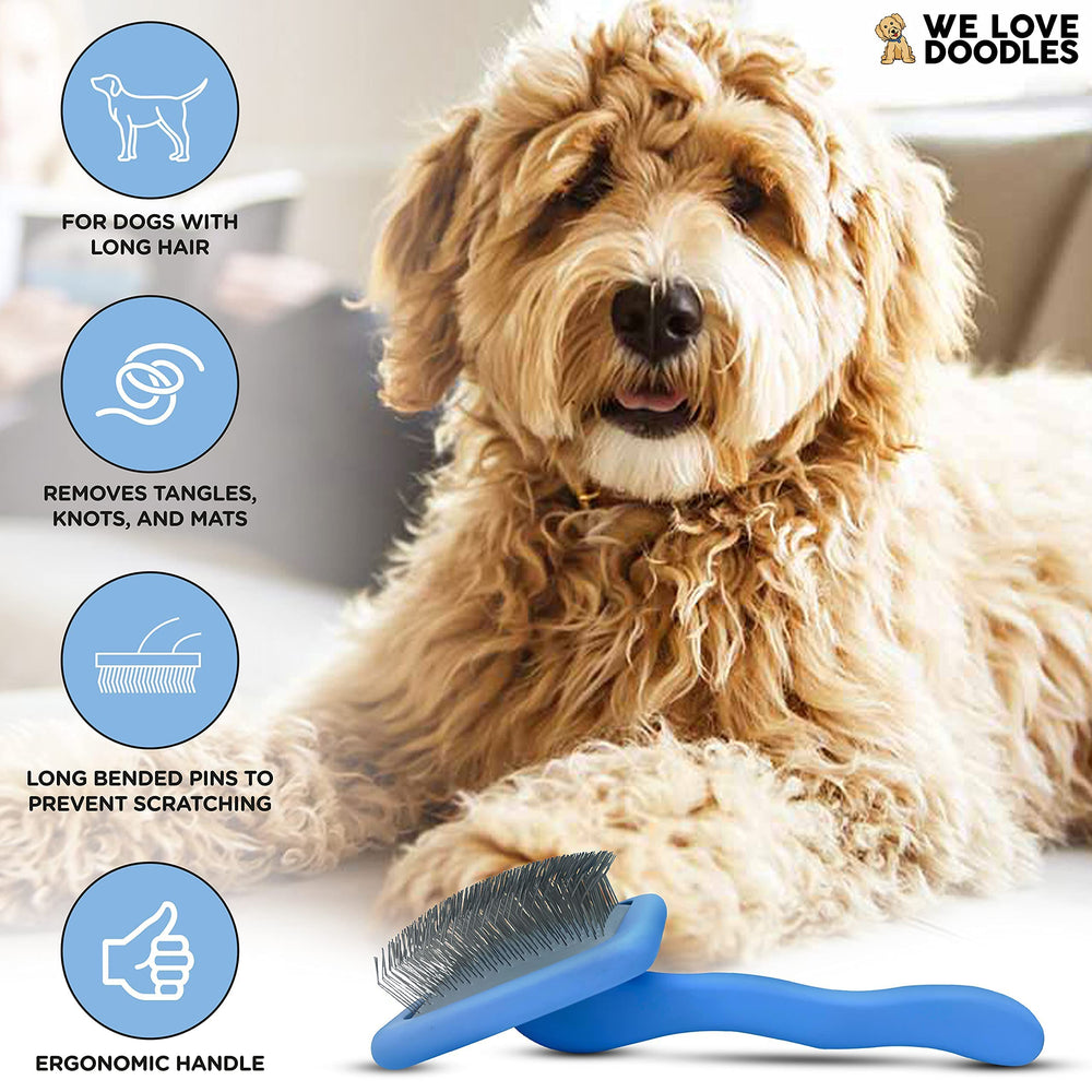 We Love Doodles Slicker Brush long pin bristles reach deep into coats for detangling.