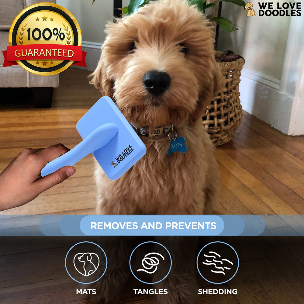 We Love Doodles slicker brush long pins visible for deeper, smoother brushing through dense coats