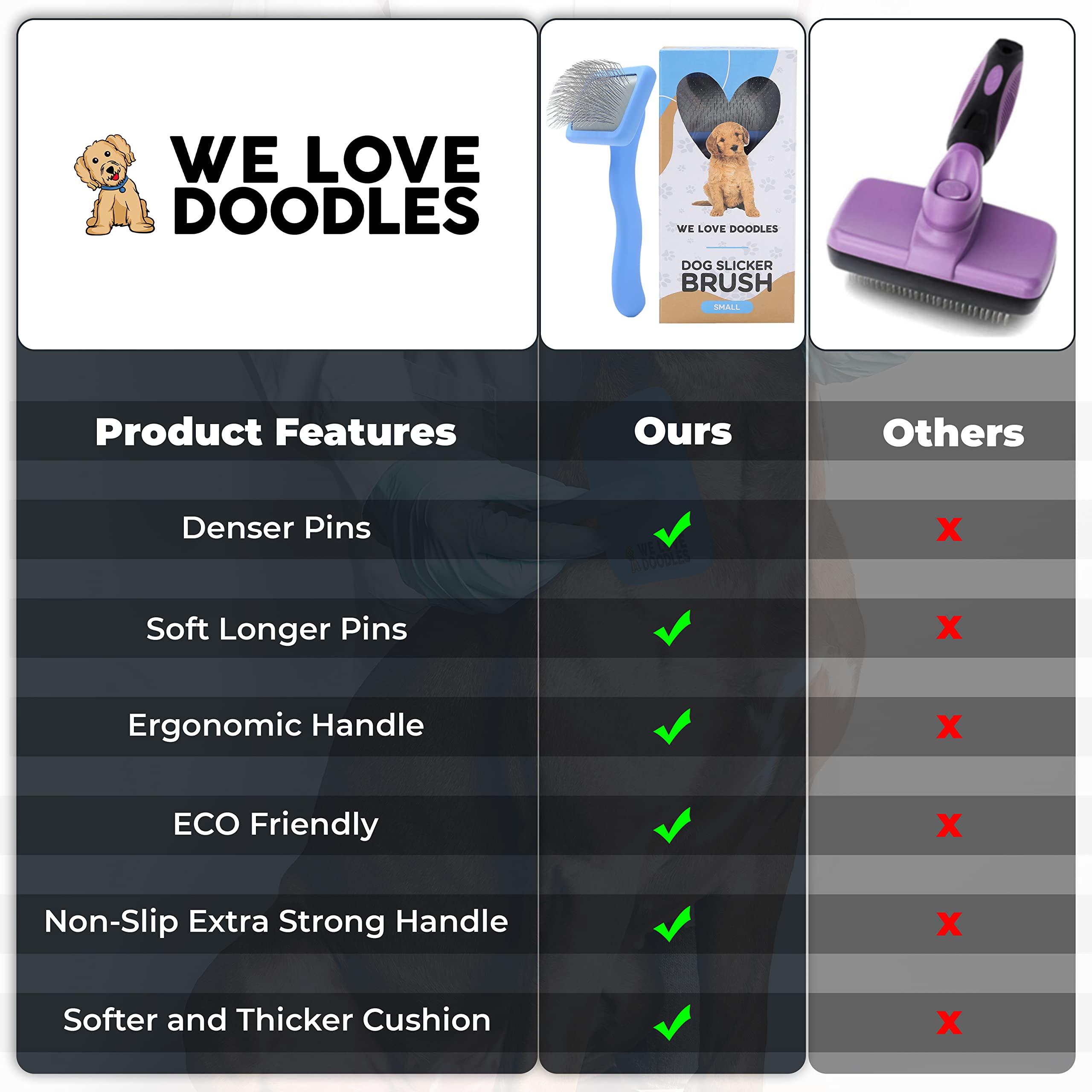 We Love Doodles slicker brush helps remove loose fur during seasonal shedding cycles