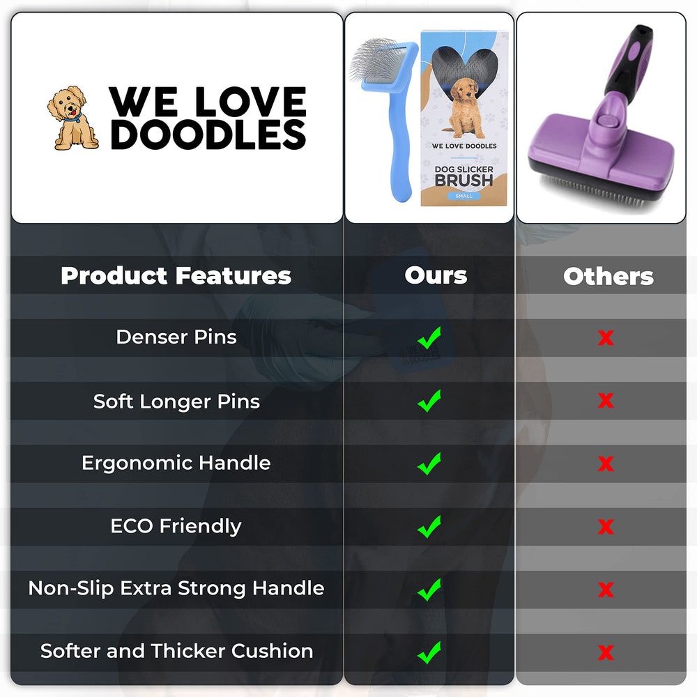 We Love Doodles slicker brush helps remove loose fur during seasonal shedding cycles