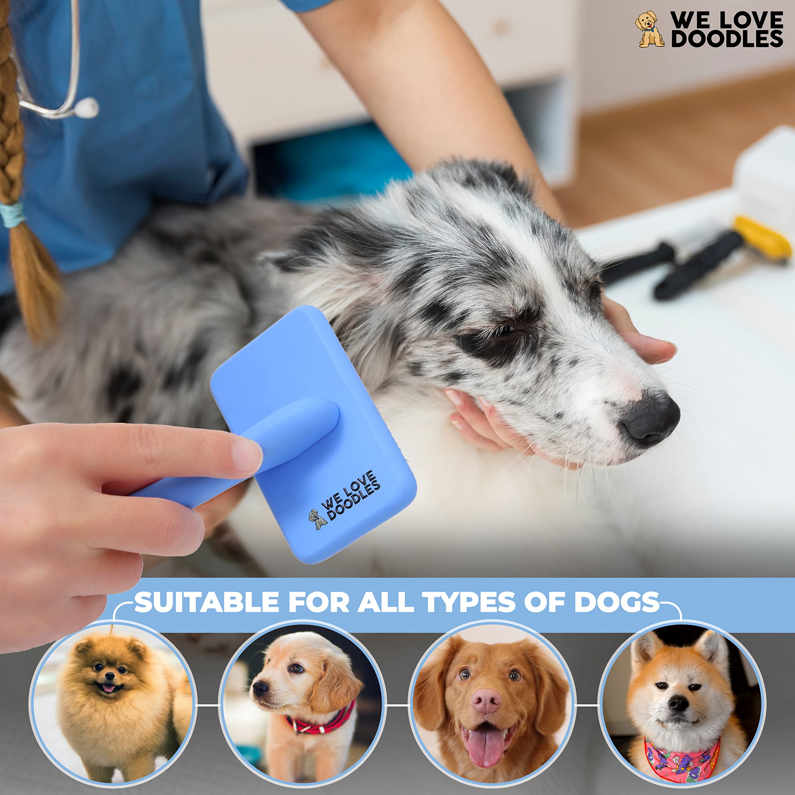 We Love Doodles slicker brush shown on small dogs for easy at-home grooming routines