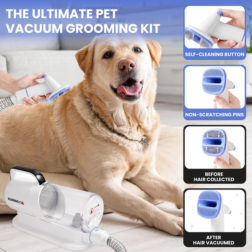 We Love Doodles vacuum brush and shedding tool helps remove hair from floors.