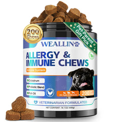 WEALLIN dog allergy chews bottle 200-count supports daily itch relief.