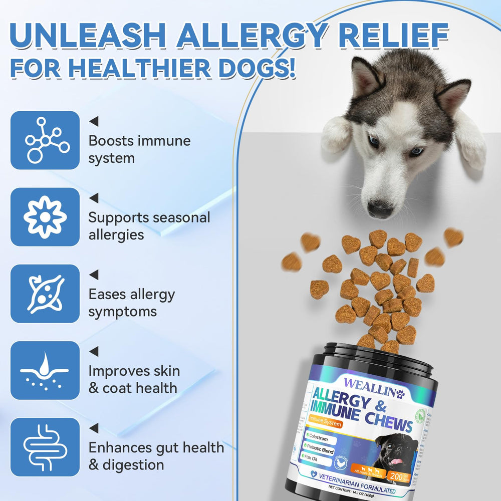 WEALLIN dog allergy chews chicken flavor engages picky dogs for relief.