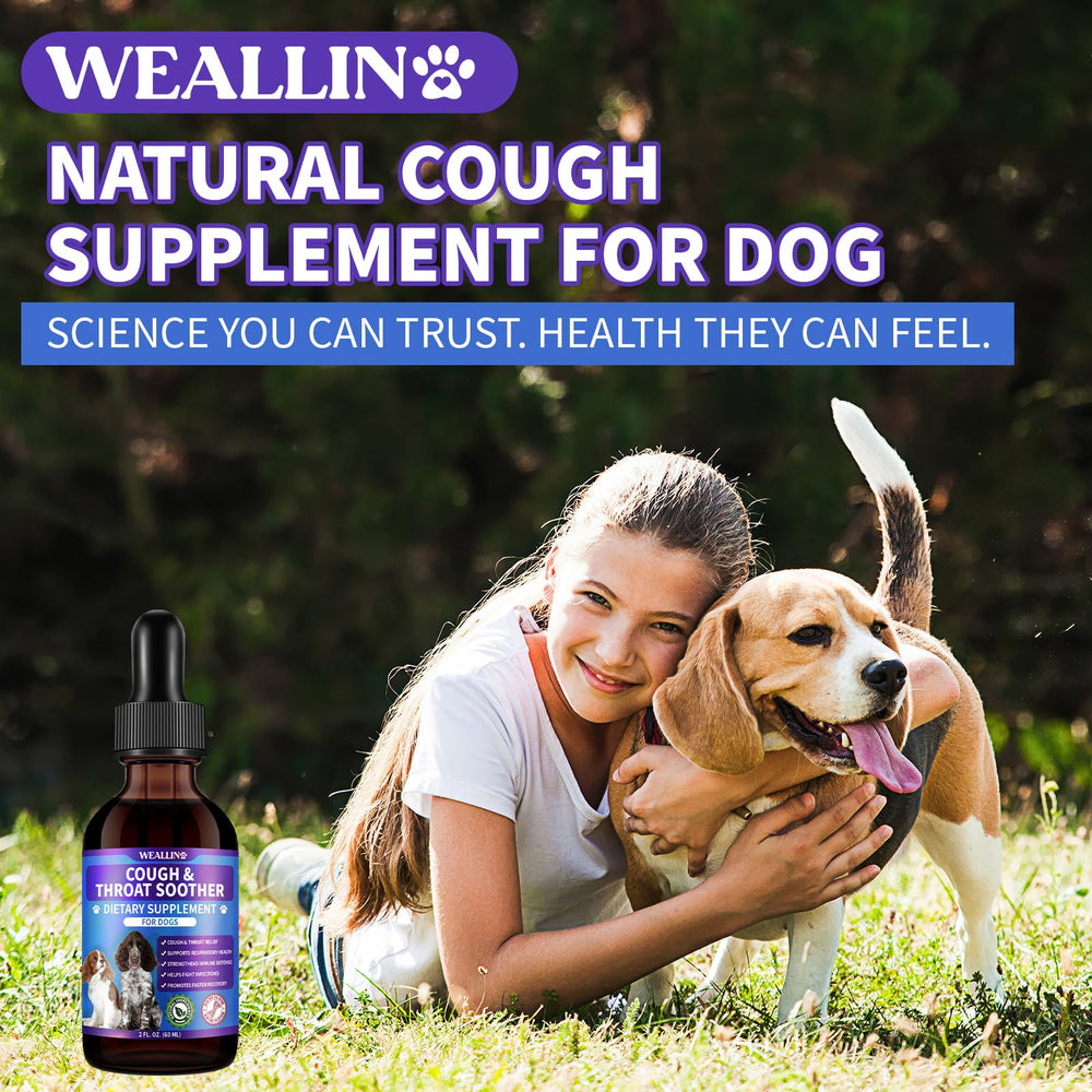 WEALLIN dog cough drops bottle side shows clear dosing guidance.