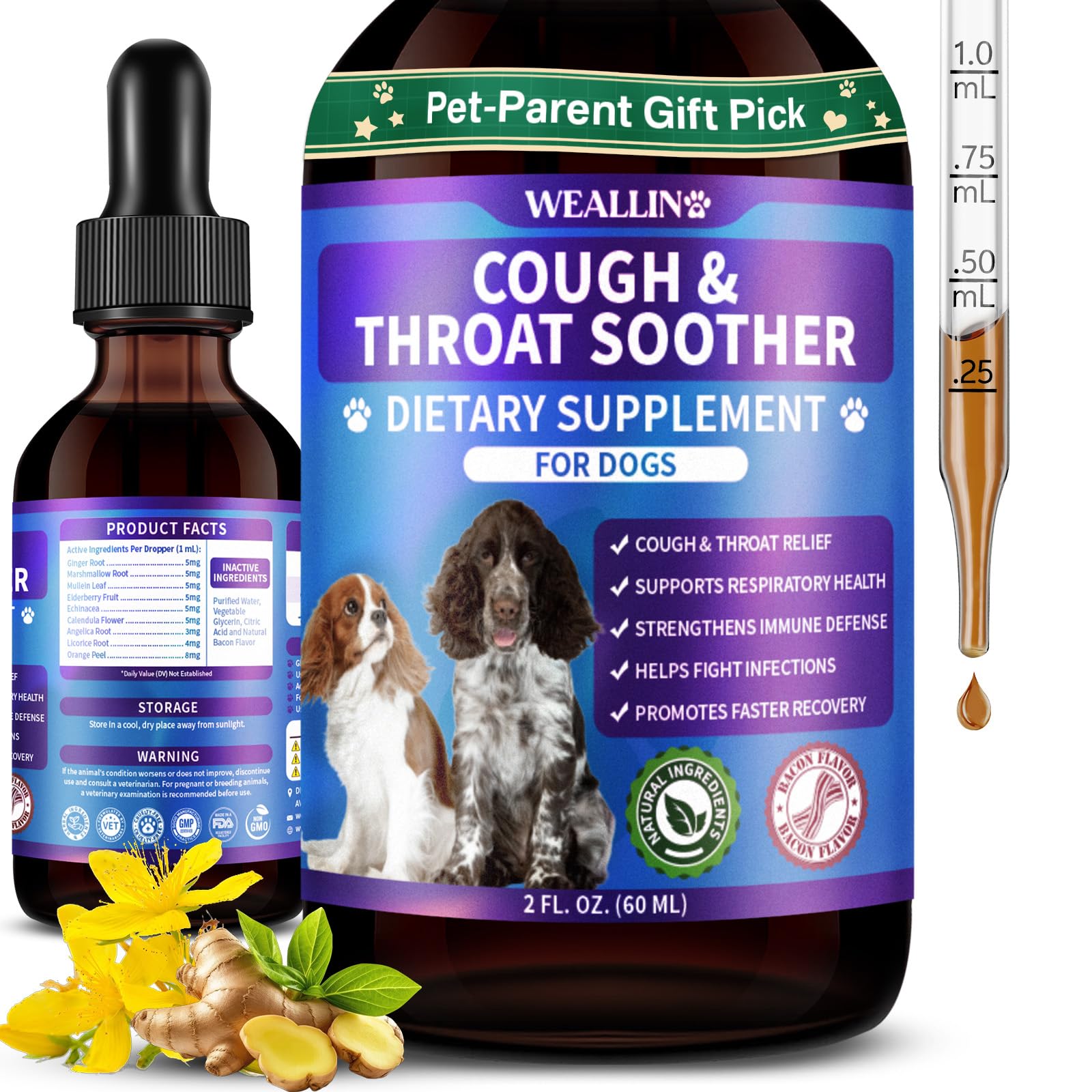WEALLIN dog cough treatment bottle shows natural support for easier breathing.