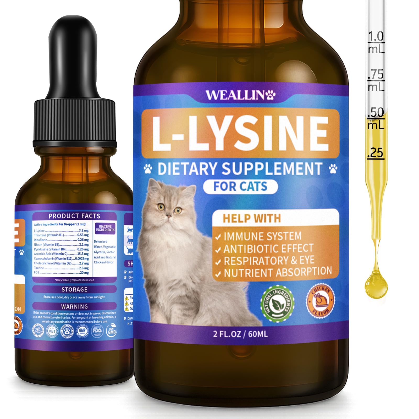 WEALLIN L-lysine cats supplement bottle delivering daily immune support.