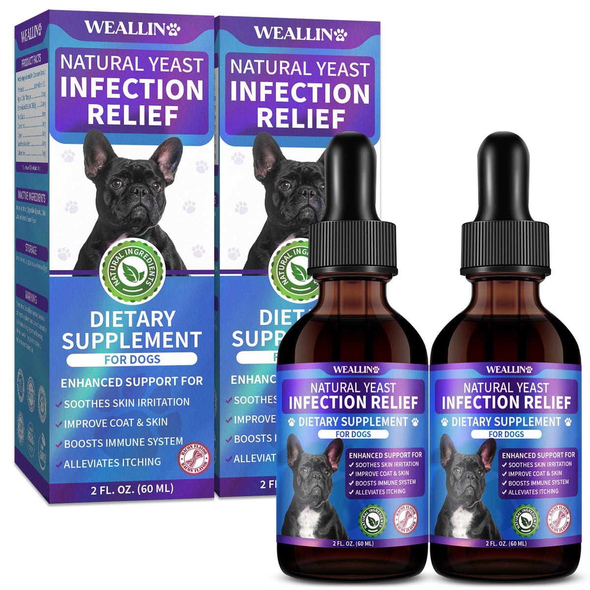 WEALLIN natural dog yeast drops bottle — soothing itch relief for irritated skin.