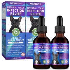 WEALLIN natural dog yeast drops bottle — soothing itch relief for irritated skin.
