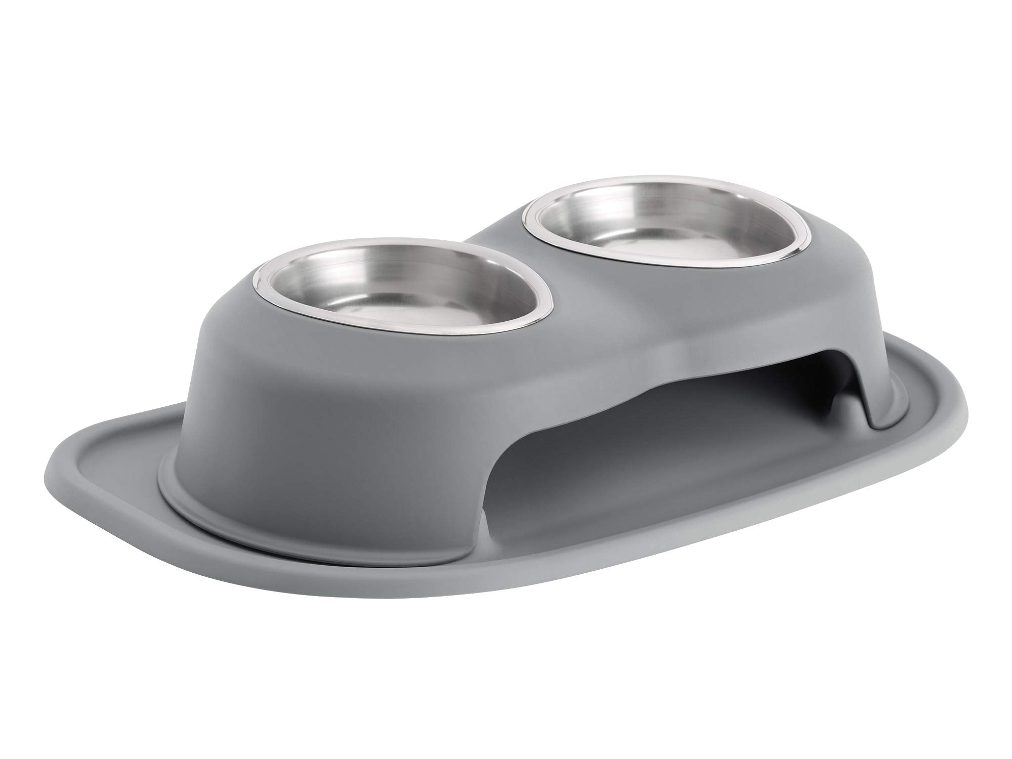 WeatherTech double high pet feeding system in dark grey with elevated bowls for comfortable meals.