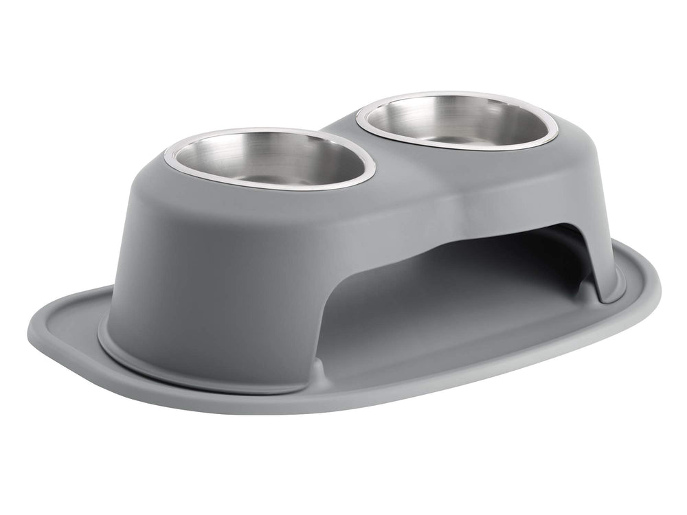 WeatherTech double high pet feeding system stand and mat keeps feeding area tidy.