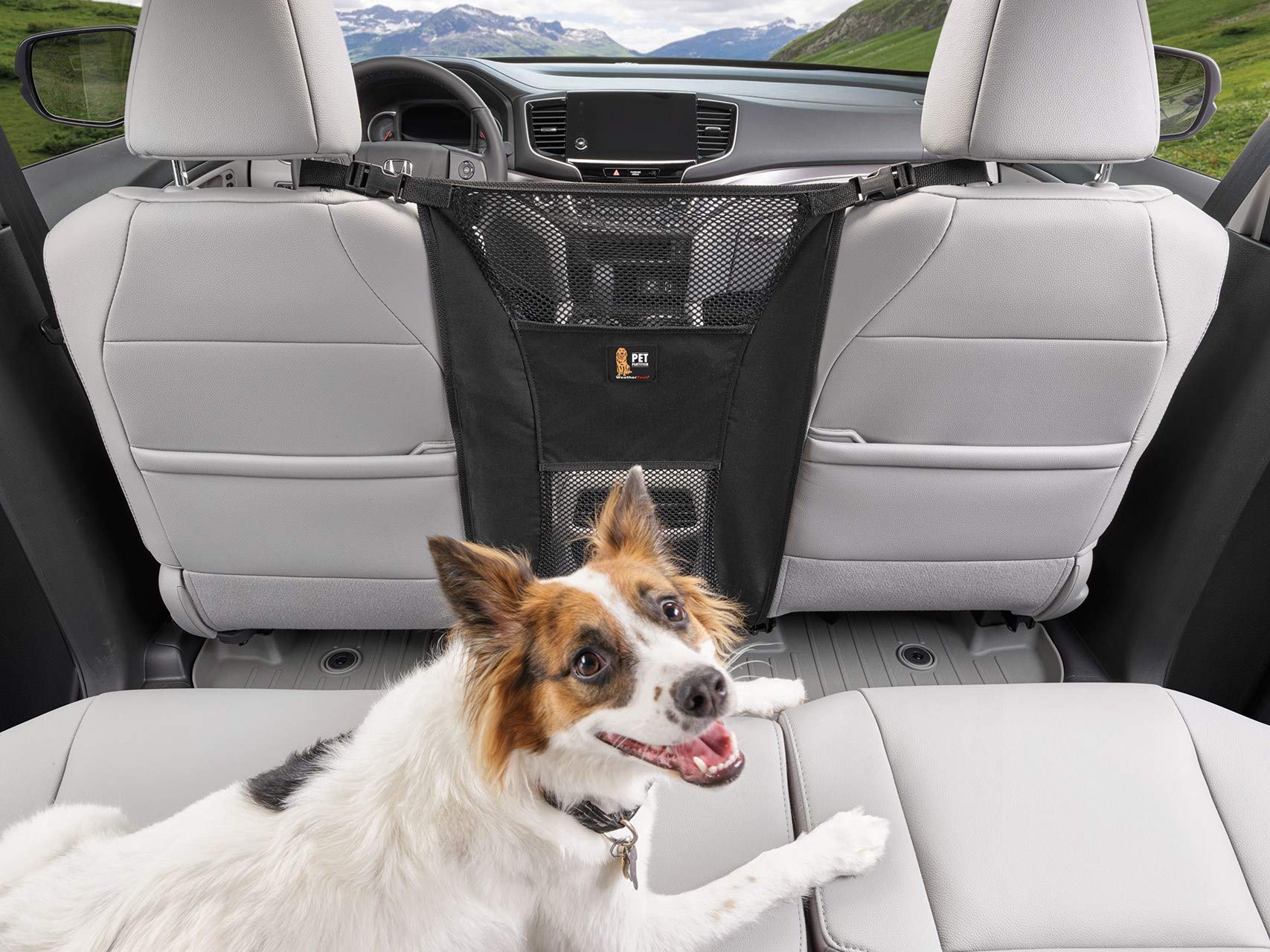 WeatherTech Pet Partition storage pocket holds leash and treats for easy access