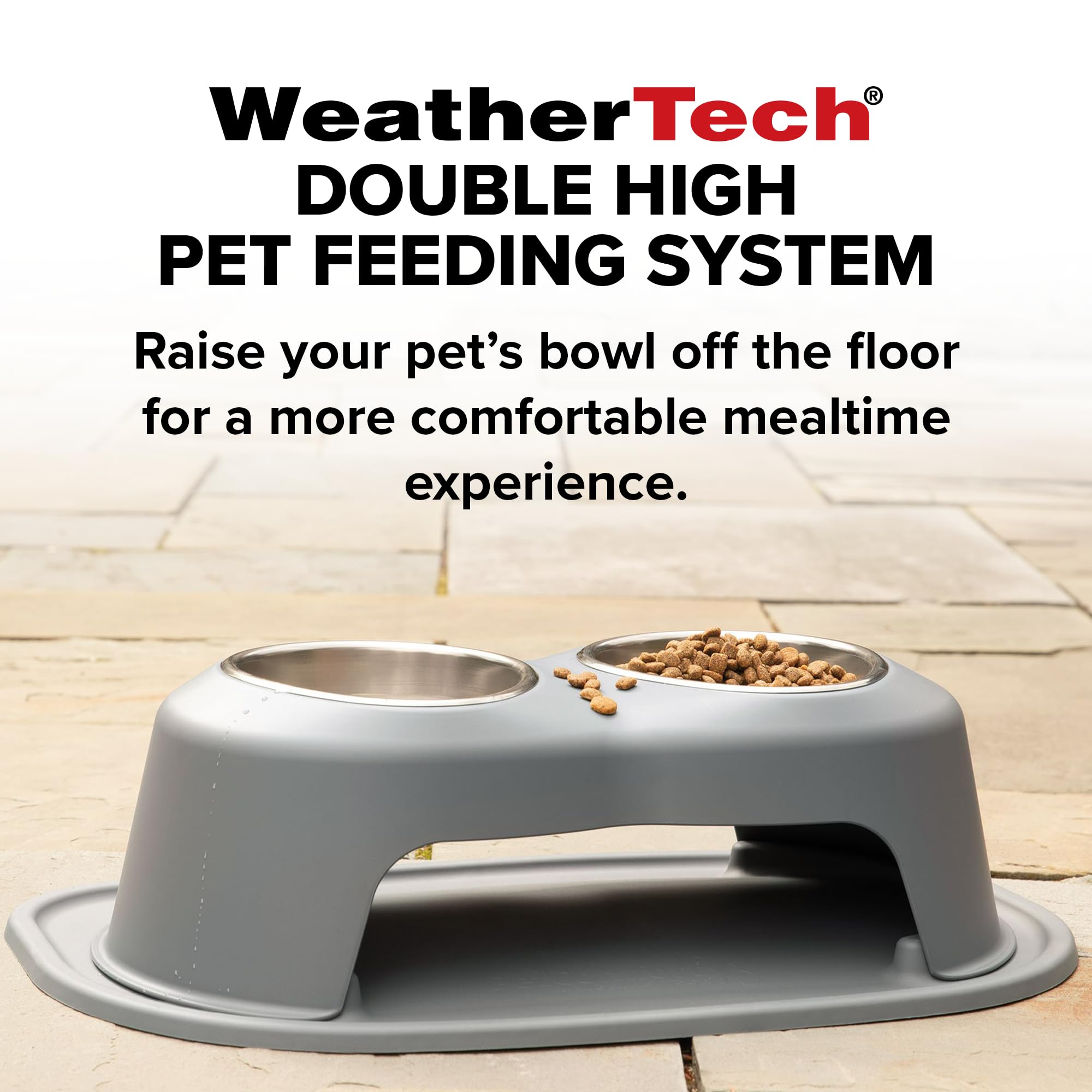WeatherTech stand and mat assembly demonstrates sturdy, easy to clean mealtime setup