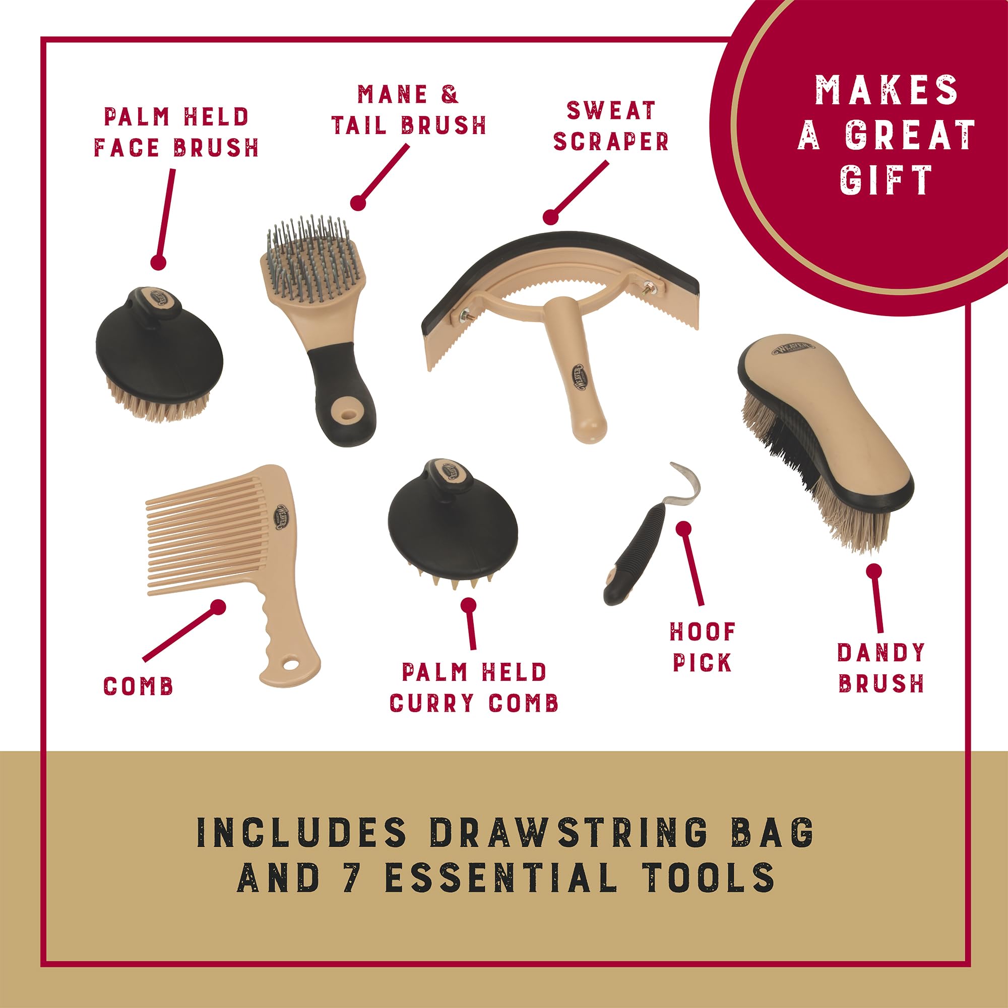 Weaver Leather palm-held curry and brush batch for fast grooming sessions.