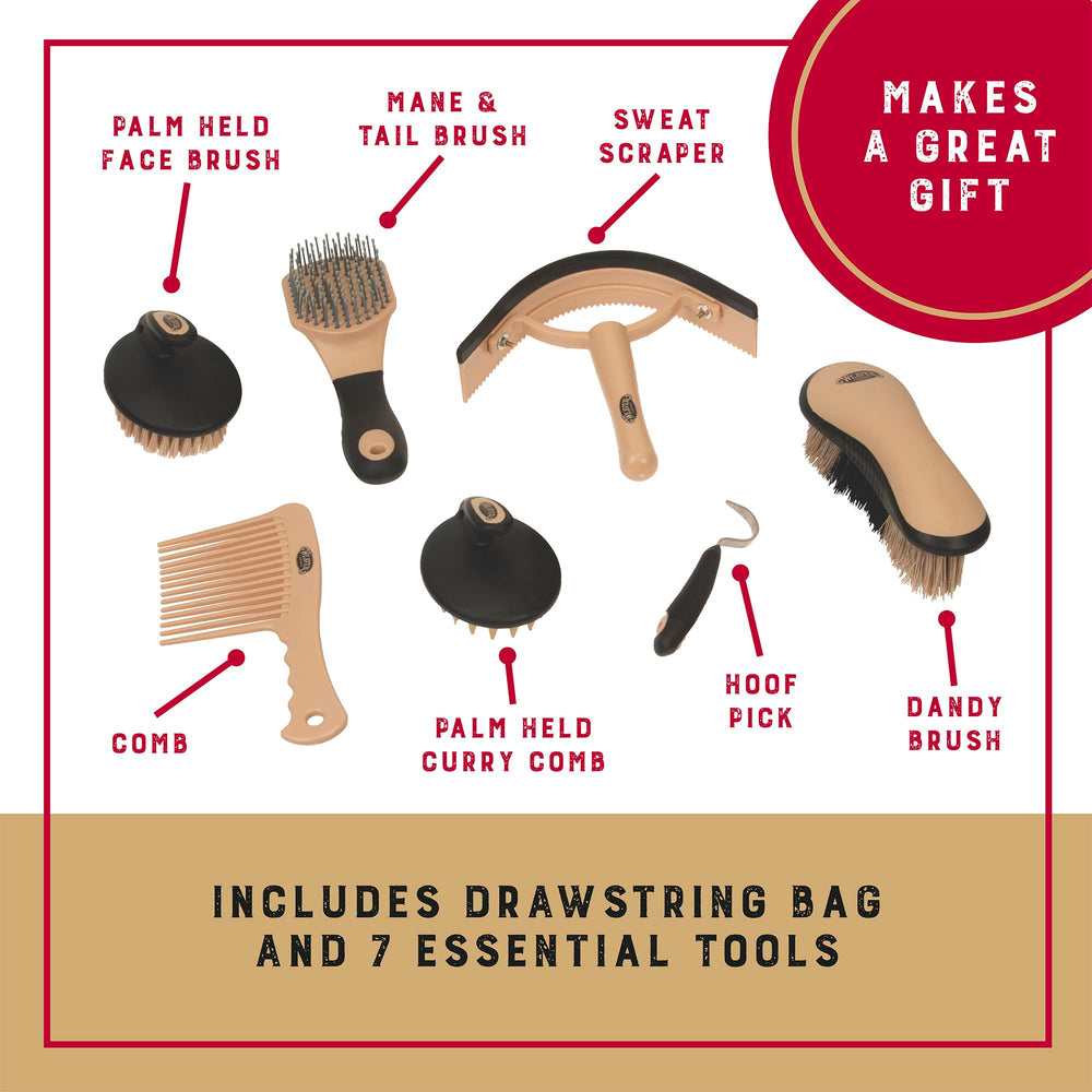 Weaver Leather palm-held curry and brush batch for fast grooming sessions.