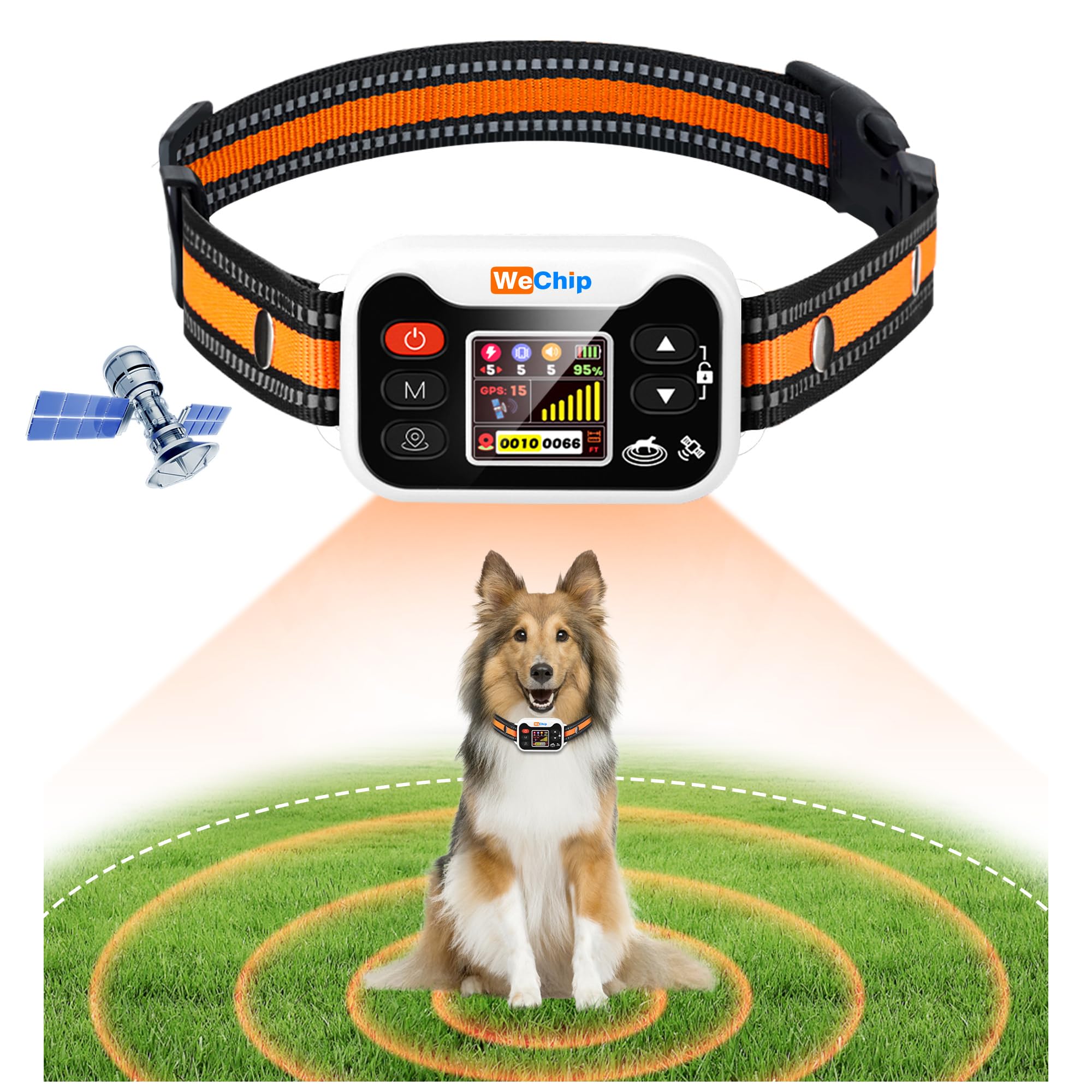 WeChip GPS dog collar orange-white front view for outdoor safety and tracking.