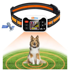 WeChip GPS dog collar orange-white front view for outdoor safety and tracking.