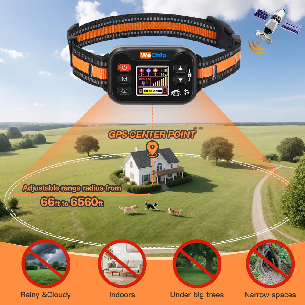 WeChip rechargeable dog collar with long-lasting battery for outdoor use.