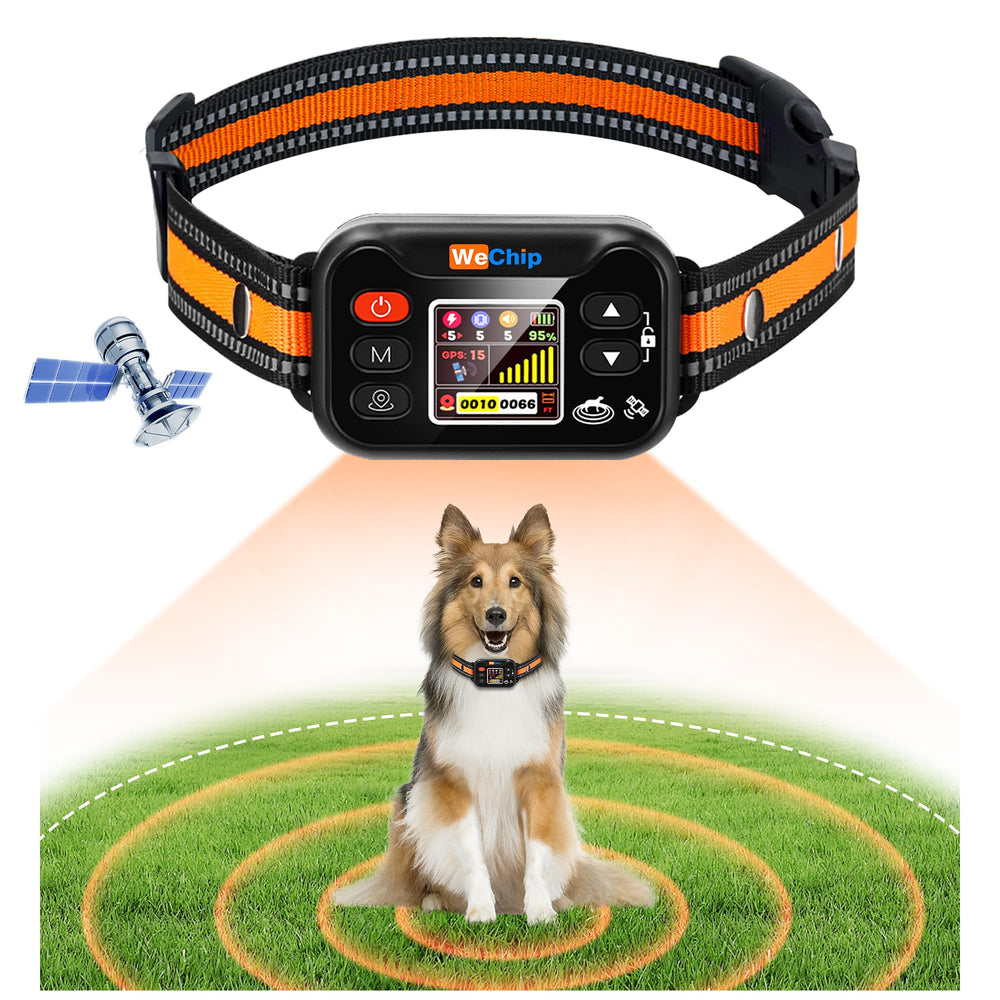 WeChip wireless dog fence collar showing outdoor containment for safe play.
