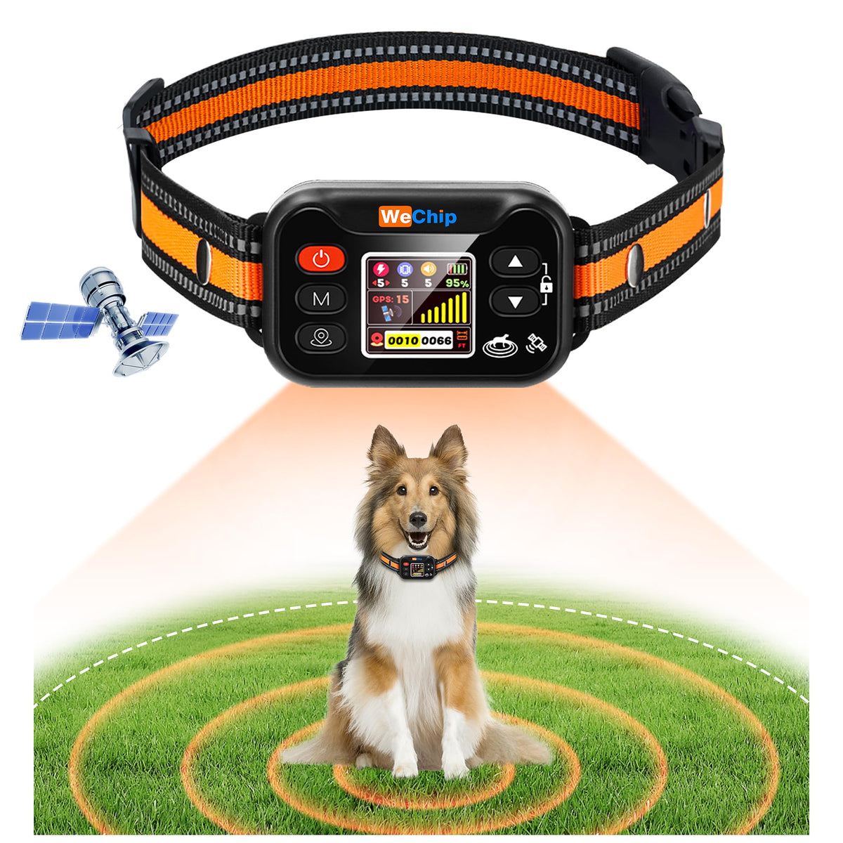 WeChip wireless dog fence collar showing outdoor containment for safe play.