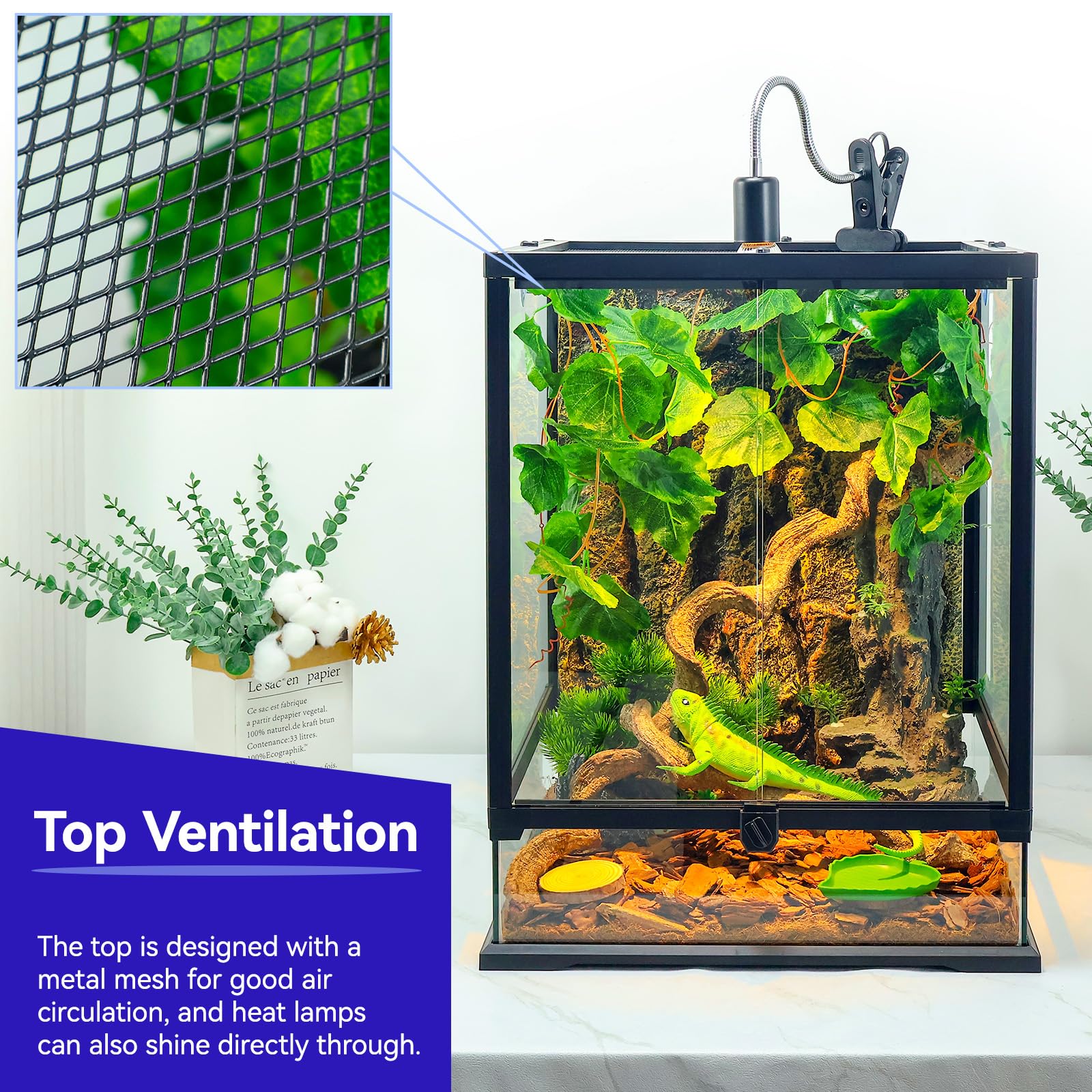 Wedoelsim reptile enclosure with ventilated mesh top for healthy airflow.