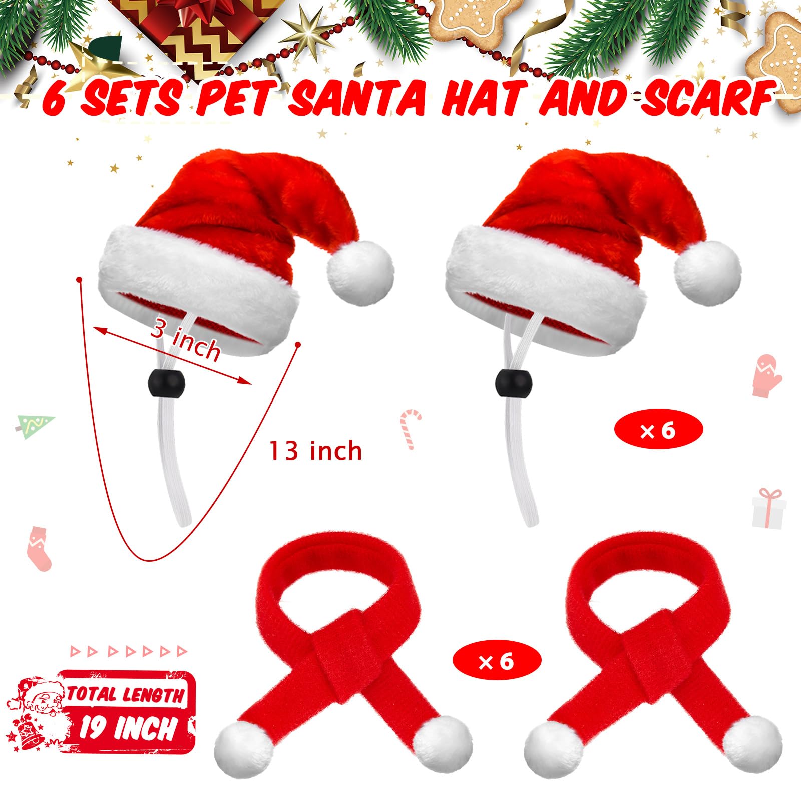 Weewooday pet Santa hat set from multiple angles highlights snug fit and adjustable strap.
