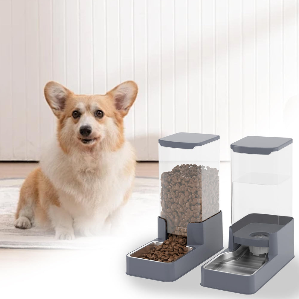 Pet-friendly setup showing cat and dog using gravity feeder.