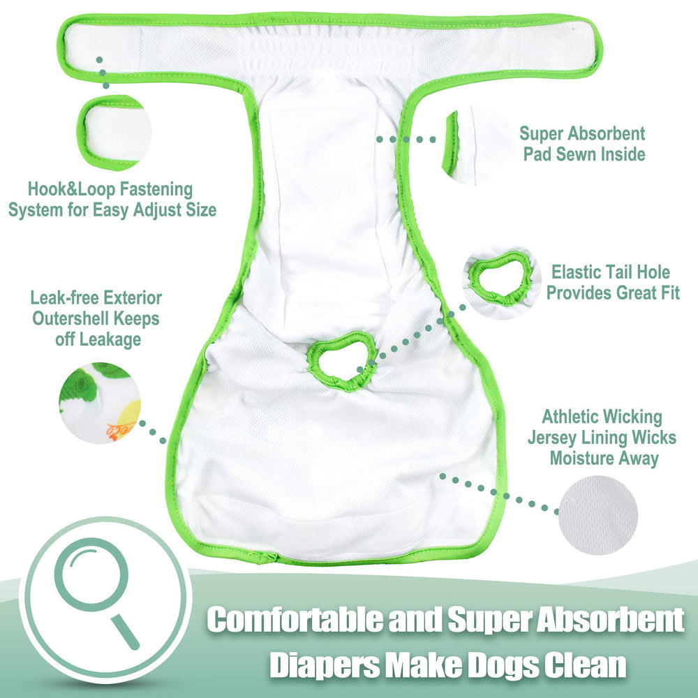 Dogs wearing feminine diapers during heat for practical protection.